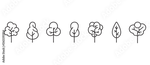 Tree line icon. Naturally beautiful symbol, wooden trunk and outline, Side view, set of tree elements graphic outline symbols for design. Tropical vector illustration in transparent background. Eps10