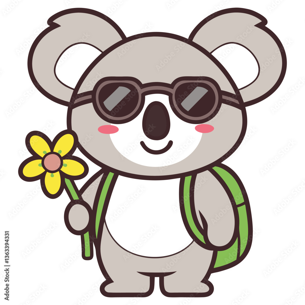 Naklejka premium Cartoon Koala with Flower, Sunglasses and Backpack on White Background