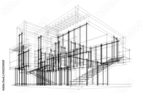Contemporary Architectural Wireframe Sketch - Residential and Commercial Buildings - Vector Illustration