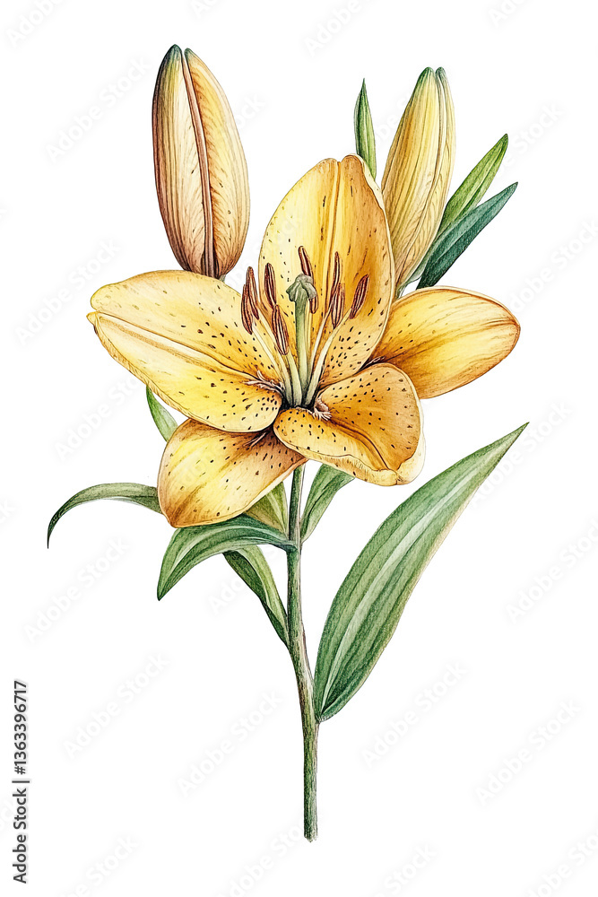 Fototapeta premium Elegant yellow lily flower with buds and green leaves PNG botanical illustration on white background