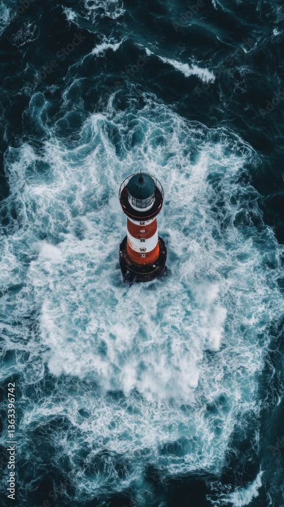 Naklejka premium A stunning aerial view of a lighthouse amidst crashing waves. This image captures the essence of maritime safety. A lighthouse stands strong against turbulent waters. Generative AI
