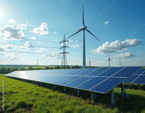 Solar panels, wind turbines generate renewable energy in rural landscape. Power lines transmit clean electricity to homes. Blue sky, white clouds create eco-friendly, sustainable energy source, green