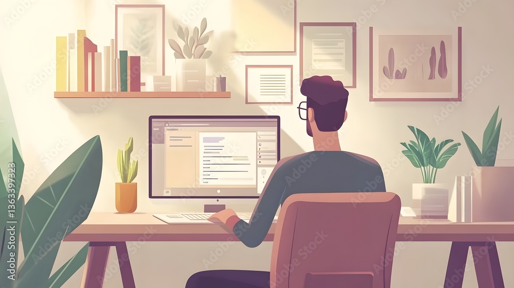 Working at Home: A person is engrossed in work at a home office desk with a computer, surrounded by plants, books, and artwork, creating a cozy, productive, and modern work atmosphere. Working at Home: A person is engrossed in work at a home office desk with a computer, surrounded by plants, books, and artwork, creating a cozy, productive, and modern work atmosphere.