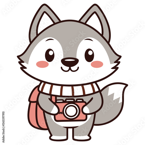 Cute Cartoon Wolf with Camera and Backpack on Transparent Background