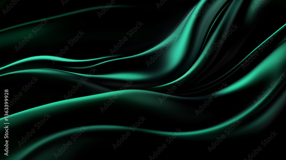 Fototapeta premium abstract curved wavy lines flow across a deep black background, creating a striking contrast. The black backdrop features smooth, blurred silk-like fabric with an iridescent shimmer, resembling a star
