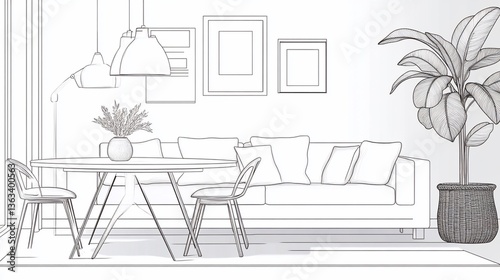 Line art depiction of a modern interior with a dining area and lounge