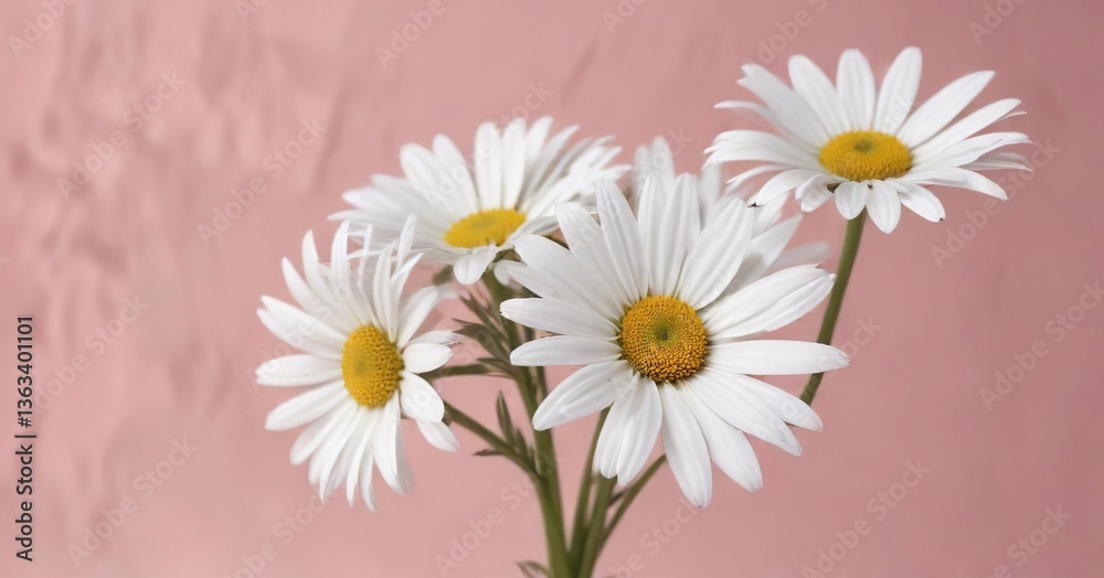 Obraz premium Minimalist composition of white daisy blooms on a pale pink background, peaceful, studio shot, mindfulness