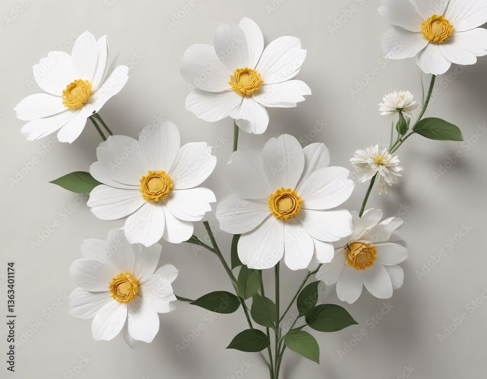 Fototapeta premium Minimalist composition of white paper flowers on a plain white surface, stylish, purity