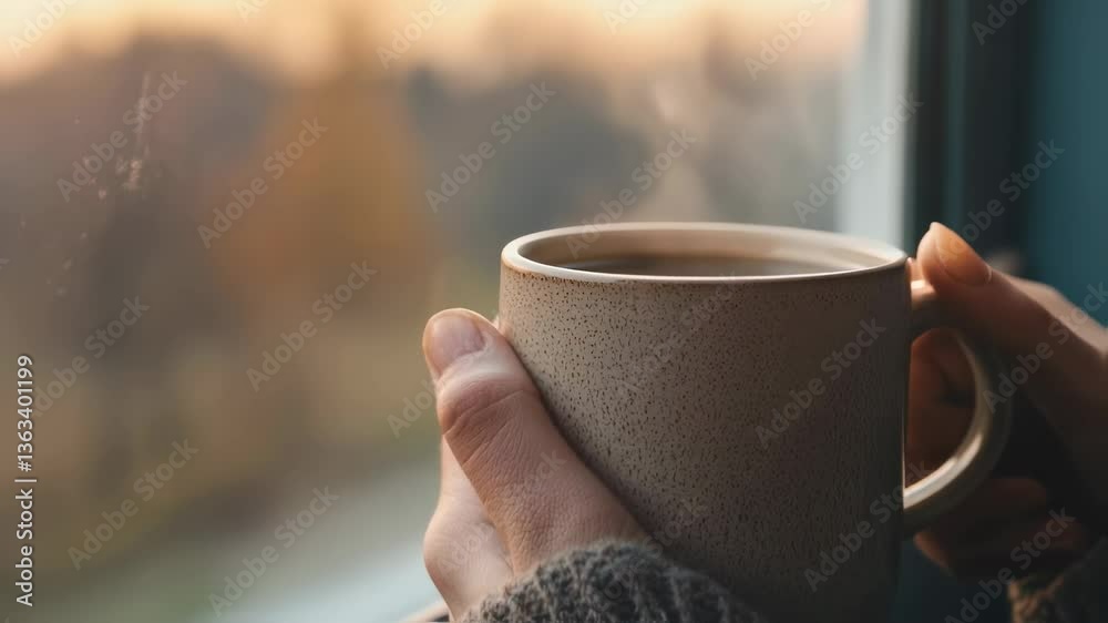 Woman holds steaming mug by window. Cozy, autumn mood, relaxing, hot drink concept for social media, advertising.
