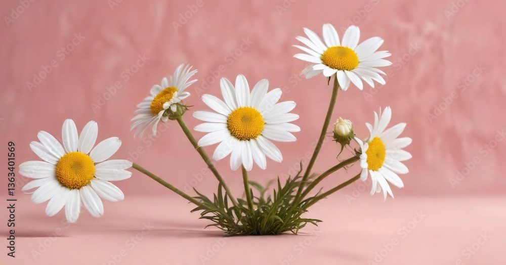 Fototapeta premium Minimalistic design of white chamomile blossoms on a blush pink backdrop, trend, composition, artistic, abstract