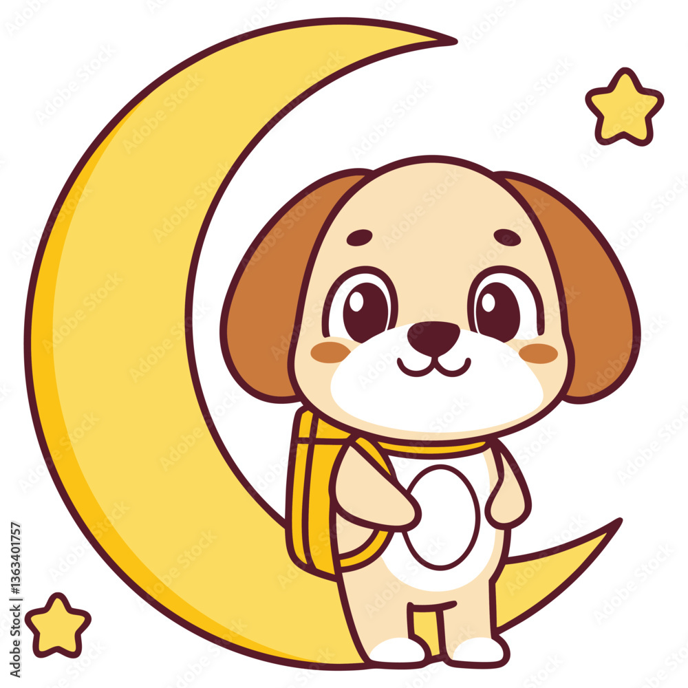 Fototapeta premium Cartoon Puppy with Backpack Sitting on Moon with Starry Sky, on Transparent Background