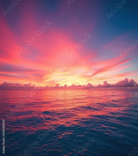 Vibrant pink sunset sky over Tahiti's tranquil ocean, island sunset, reflection, tropical sunset