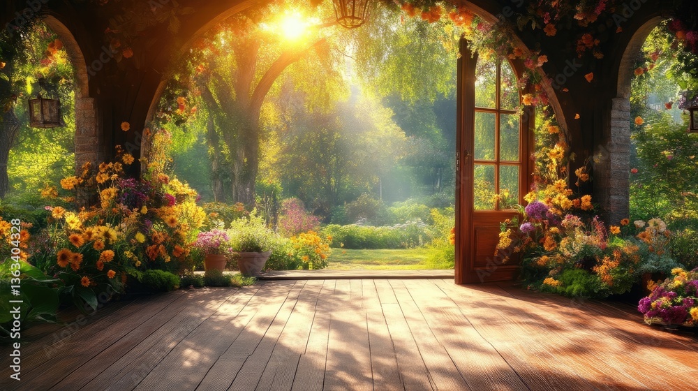Sunlight streams through arched doorway into a vibrant garden filled with flowers Sunlight streams through arched doorway into a vibrant garden filled with flowers