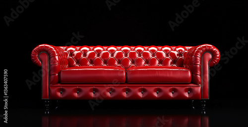 Fotografija A bold red leather sofa featuring tufted details, displayed on a black backdrop