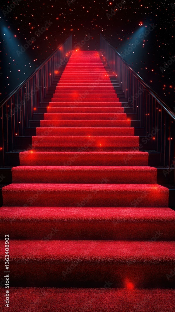 Bright red carpeted stairs leading to a starry backdrop create a dramatic entrance for a special event