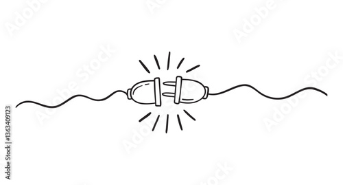 Plug inserting into electric outlet. Power socket disconnect doodle hand drawn icon. Outline drawing 404 error connection concept line clipart symbol
