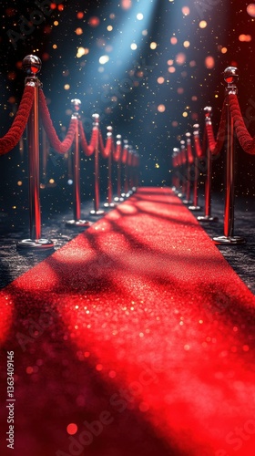 Elegant red carpet leading to a glamorous event with shimmering lights and velvet ropes in a stylish venue at night