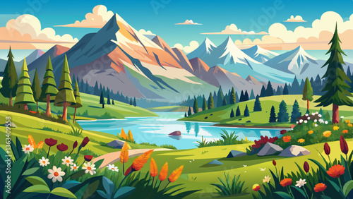 panoramic landscape with meadow and lake in front of alps mountains