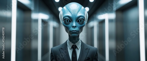 Mysterious alien figure stands in dimly lit corridor wearing a suit and exhibiting unusual features at a modern location.