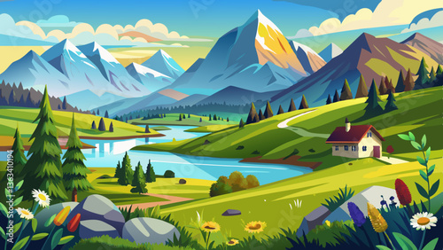 panoramic landscape with meadow and lake in front of alps mountains