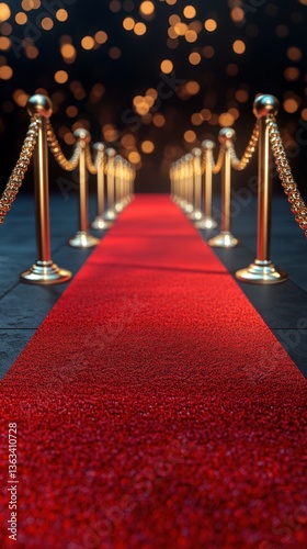 Elegant red carpet leading to an event venue, illuminated by shimmering lights