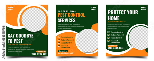 Orange and green color social media template design for pest control services promotion, also suitable for another business.