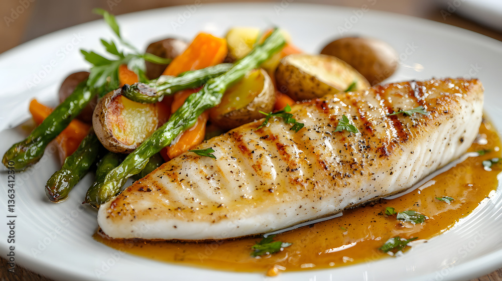 Grilled Sole Plated with Colorful Baby Carrots, Haricots, and Potatoes in a Gourmet Presentation Grilled Sole Plated with Colorful Baby Carrots, Haricots, and Potatoes in a Gourmet Presentation