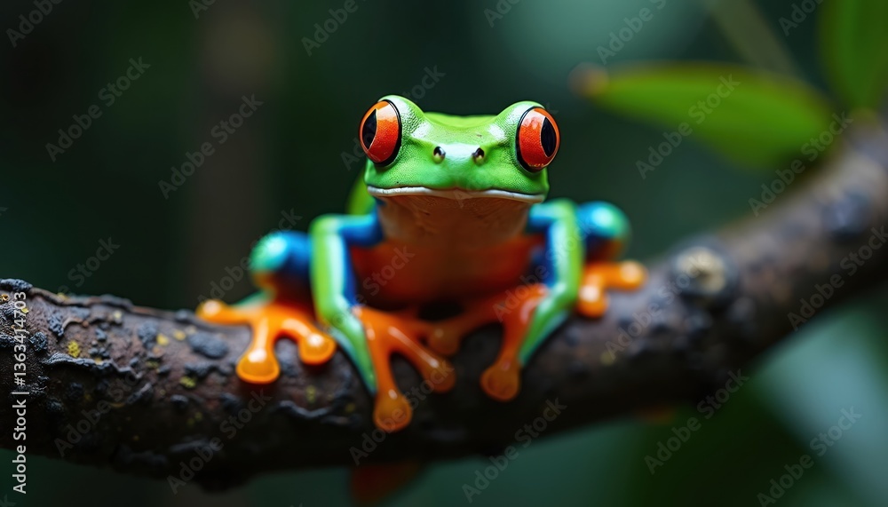 Fototapeta premium Close-up photo of vibrant red-eyed tree frog perched on branch. Bright green, blue, orange colors. Exotic amphibian animal in jungle. Nature, wildlife photography.