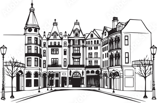 Old Gothic architecture, towers, castles. Hand drawn vector illustration
