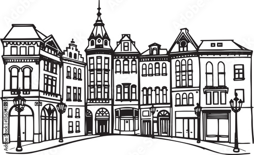 Old Gothic architecture, towers, castles. Hand drawn vector illustration