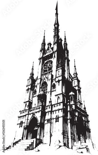 Old Gothic architecture, towers, castles. Hand drawn vector illustration