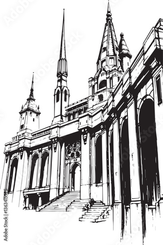 Old Gothic architecture, towers, castles. Hand drawn vector illustration