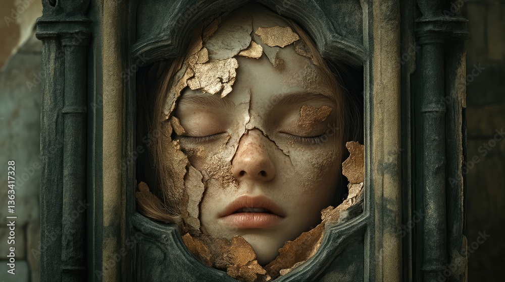 Naklejka premium A young girl's face, framed by decaying stone, evokes a sense of vulnerability and fragility