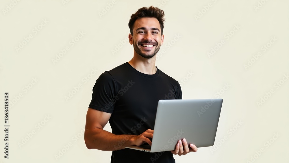 Smiling Man with Laptop, Happy and Technology Smiling Man with Laptop, Happy and Technology