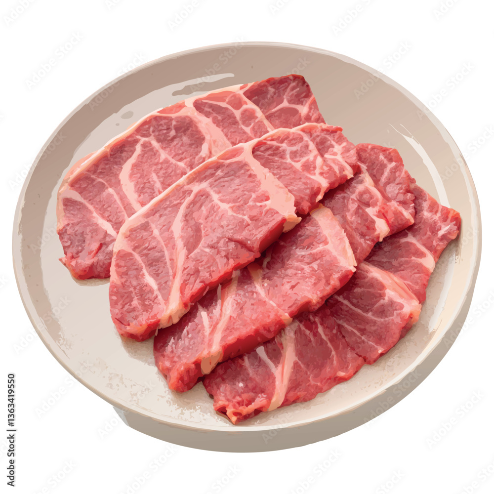 Succulent Cuts: A close-up shot showcasing raw, juicy cuts of fresh meat, artfully arranged on a pristine plate, perfect for culinary presentations. Succulent Cuts: A close-up shot showcasing raw, juicy cuts of fresh meat, artfully arranged on a pristine plate, perfect for culinary presentations.