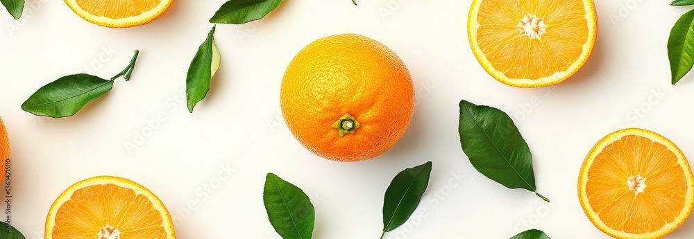 Arrangement of Fresh Oranges and Green Leaves on Bright Background