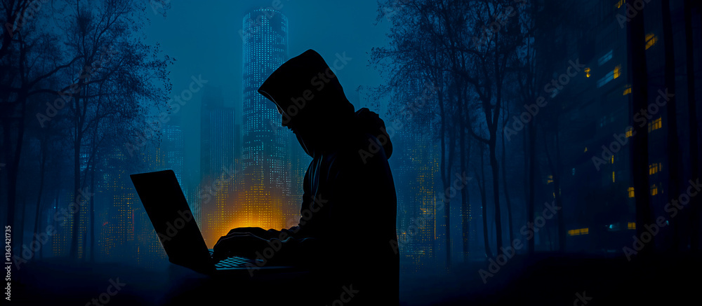 dark silhouette of man, hacker near black laptop darknet concept