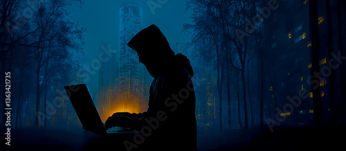 Obraz na płótnie dark silhouette of man, hacker near black laptop darknet concept
w salonie