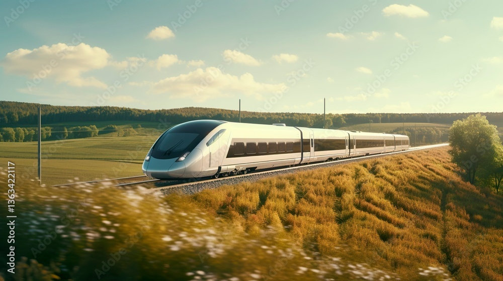 Fototapeta premium A photo of a modern train speeding through scenic view