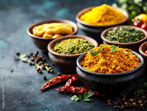 Fototapeta Naklejka Na Ścianę i Meble -  Various colorful spices arranged in small ceramic bowls on a surface