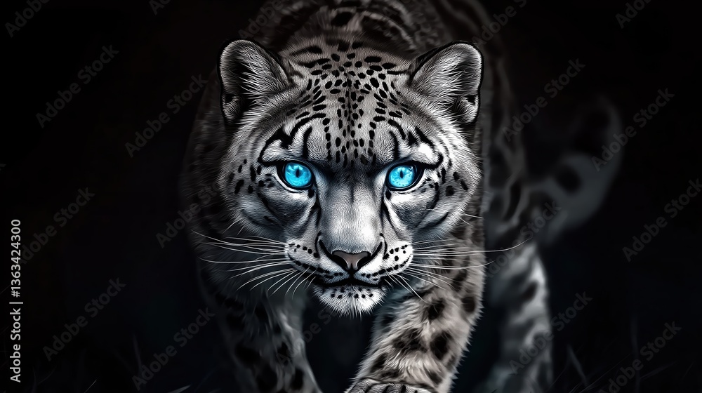 Obraz premium A beautiful snow leopard with glowing blue eyes, looking straight at the camera, fierce and strong, with white fangs showing; the background is black.