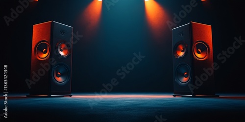 Powerful stereo speakers illuminated by dramatic red and blue lighting.  Perfect for a music or audiophile concept.