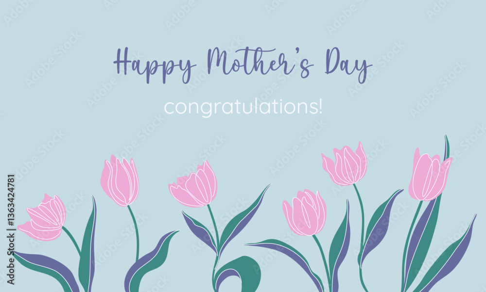 Mother's Day horizontal banner. Springtime background with tulips. Floral festive design template for ads promo. Hand drawn vector illustration.
