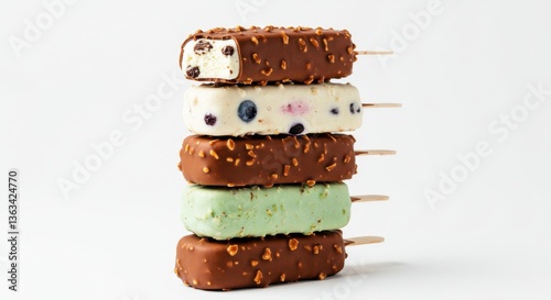 A stack of five ice cream bars with different flavors and toppings on a plain white background