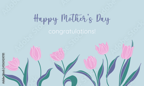 Mother's Day horizontal banner. Springtime background with tulips. Floral festive design template for ads promo. Hand drawn vector illustration.
