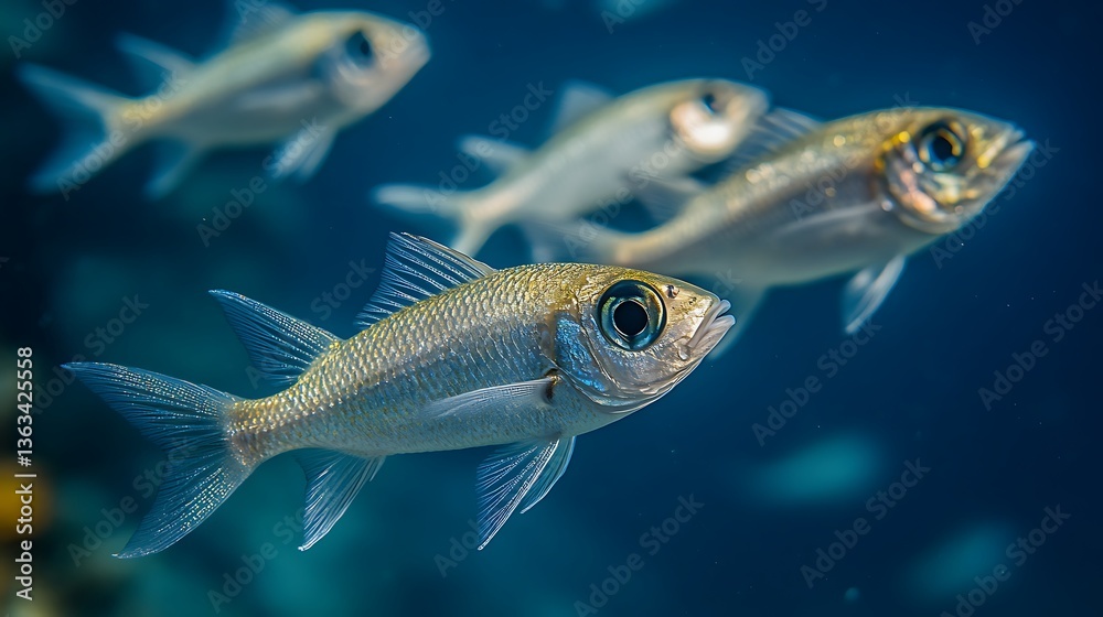 School of Fish Swimming Underwater with Sunlight, A school of fish swimming underwater with sunlight streaming through the water School of Fish Swimming Underwater with Sunlight, A school of fish swimming underwater with sunlight streaming through the water