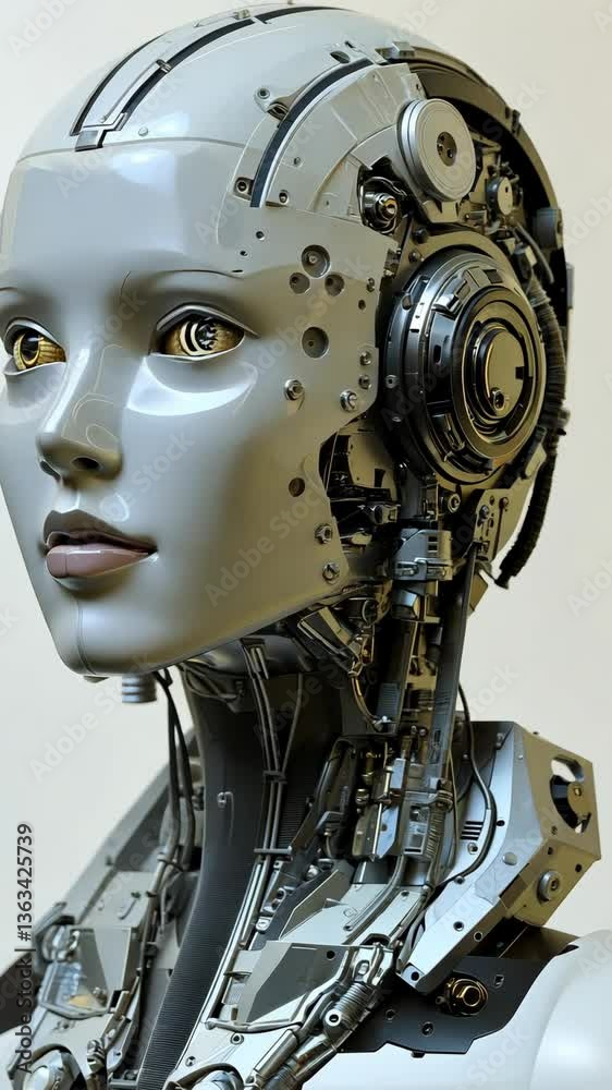 Advanced humanoid robot head showcasing intricate mechanical design and lifelike features during an exhibition Advanced humanoid robot head showcasing intricate mechanical design and lifelike features during an exhibition