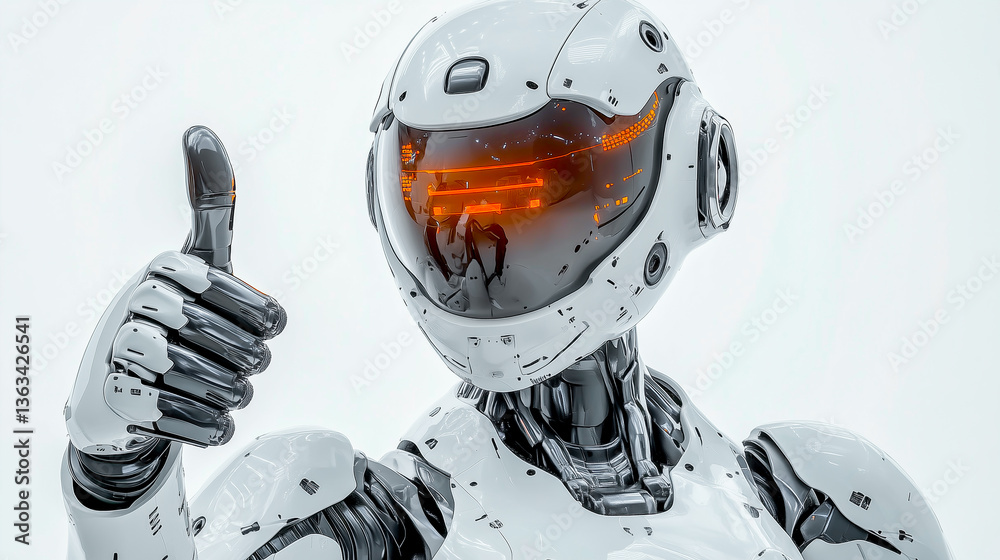 Poster with a robot woman giving thumbs up with copy space isolated on white background