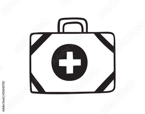 First aid kit hand drawn doodle icon. Drawing first aid kit case icon. Treatment, medicine concept.