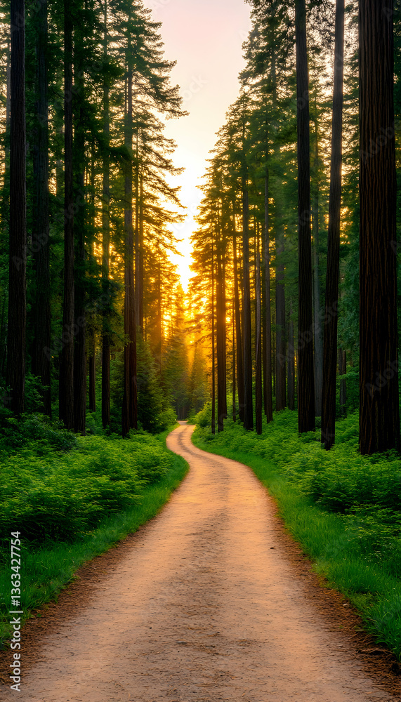 Fototapeta premium Sunlit path winding through a lush evergreen forest at sunset